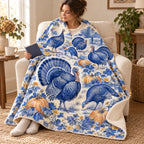 Cobalt Turkey Flock blanket, wrapped around a reader