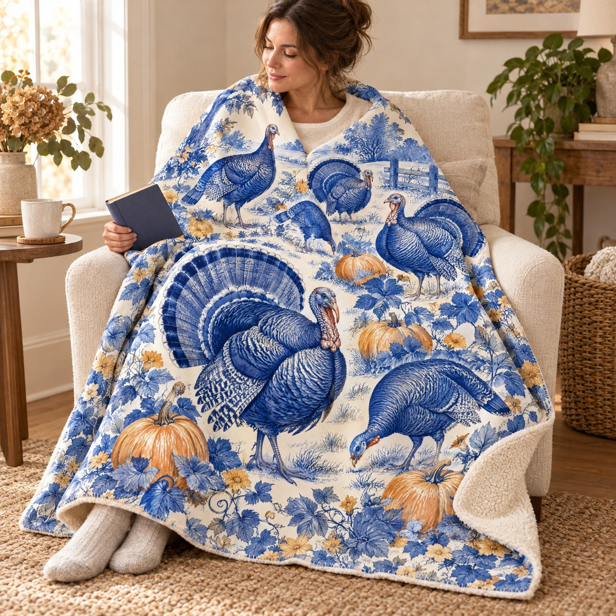 Cobalt Turkey Flock blanket, wrapped around a reader