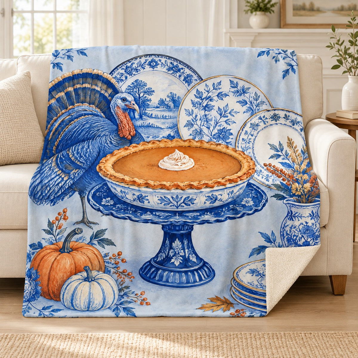 Pie on a Cobalt Stand blanket, on a sofa
