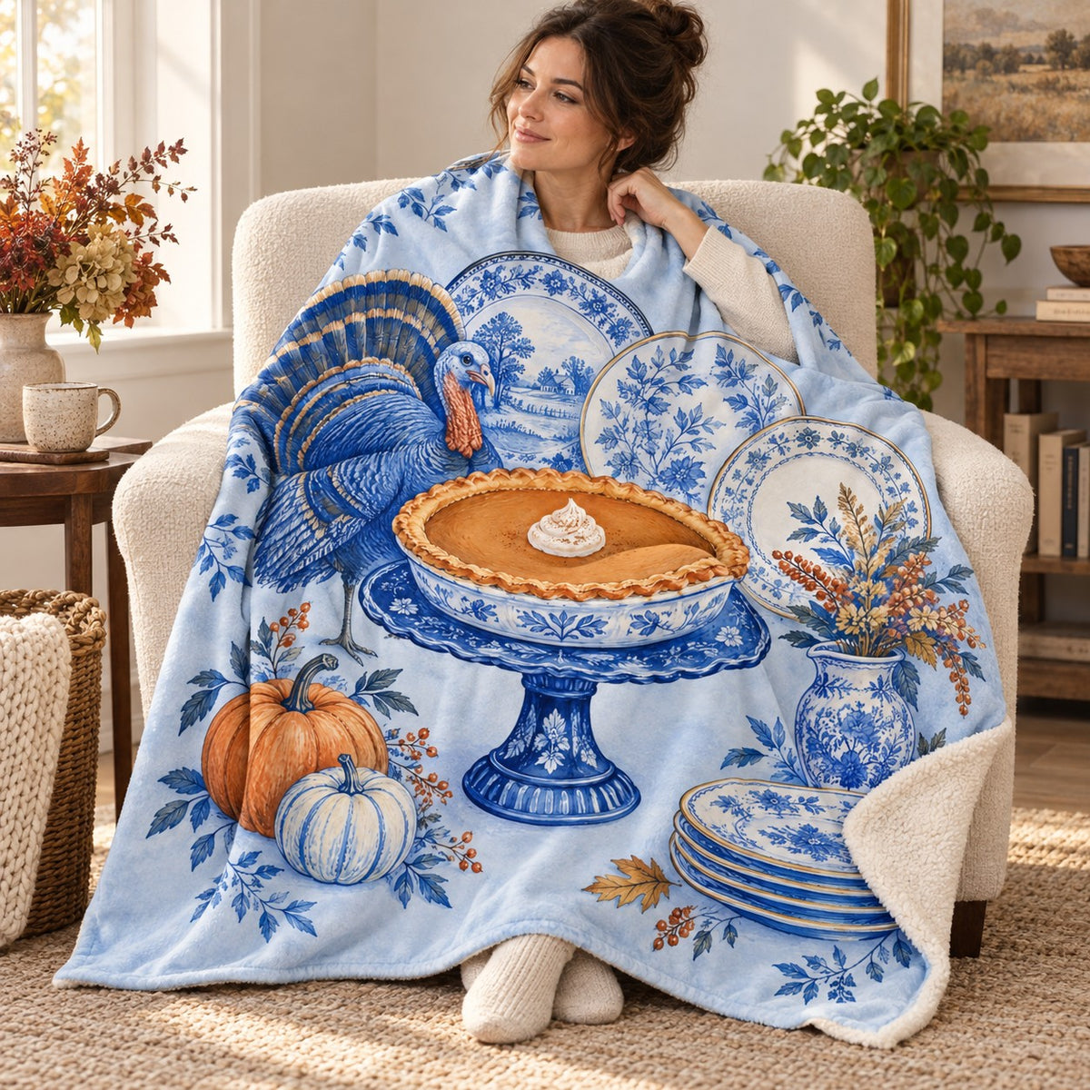 Pie on a Cobalt Stand blanket, wrapped around a reader