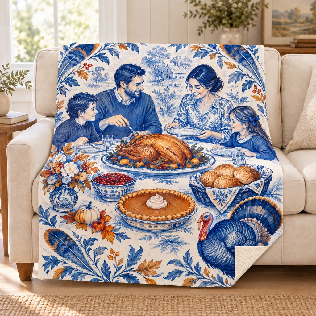 Oval Feast in Blue blanket, on a sofa