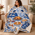 Oval Feast in Blue blanket, wrapped around a reader