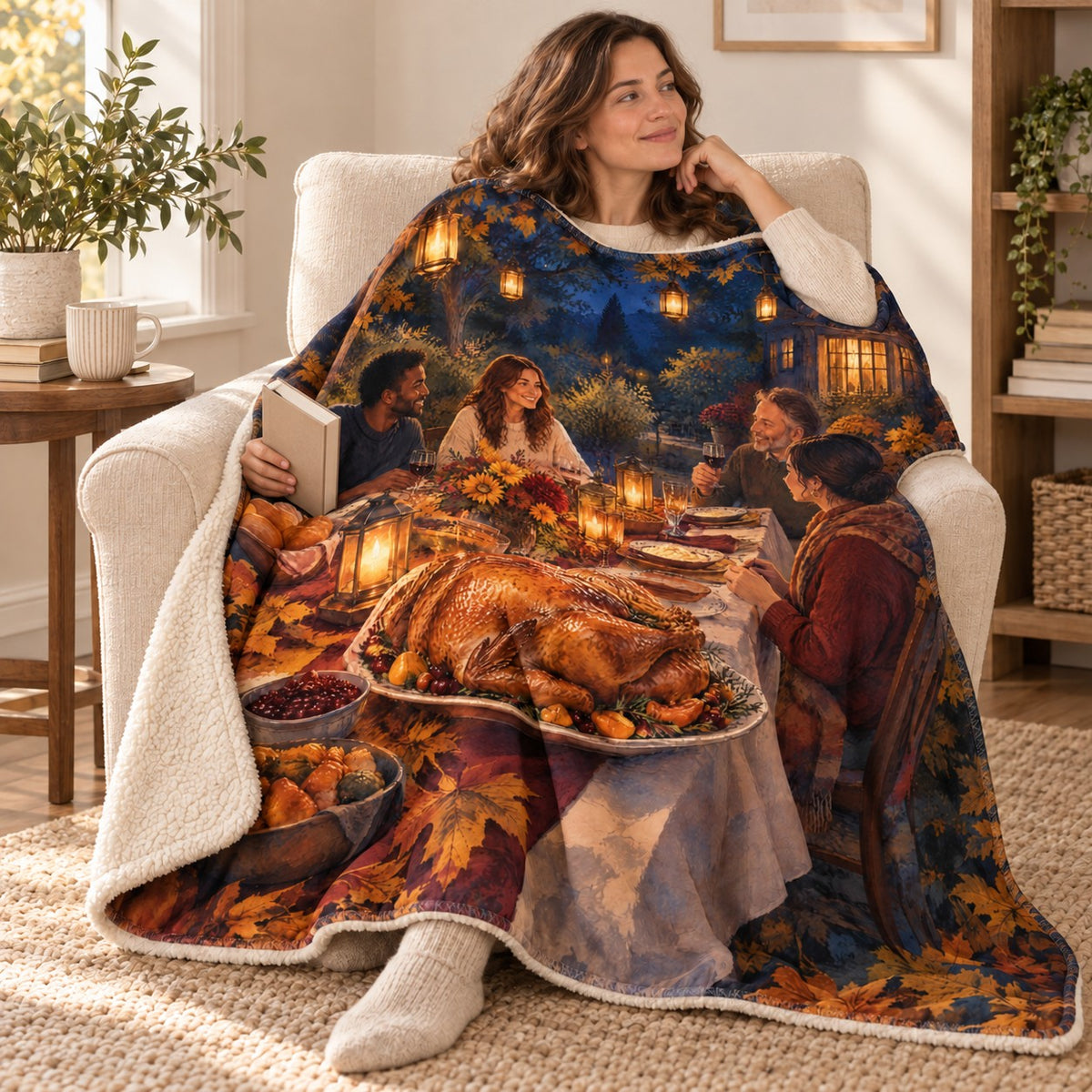 Lantern Garden Dinner blanket, wrapped around a reader