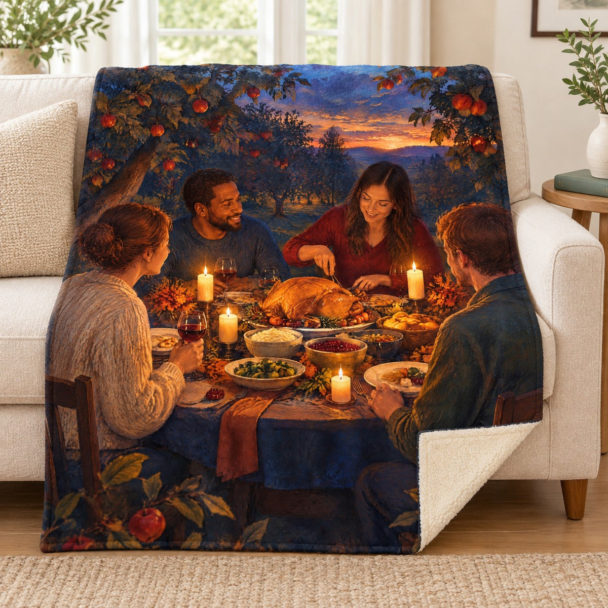 Candlelit Orchard blanket, on a sofa