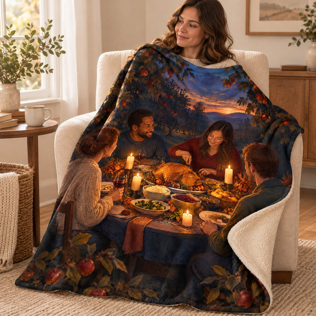 Candlelit Orchard blanket, wrapped around a reader