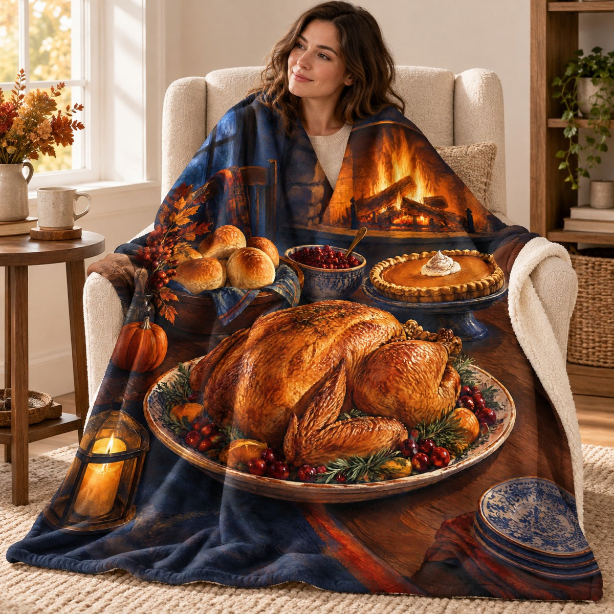 Hearthside Supper blanket, wrapped around a reader