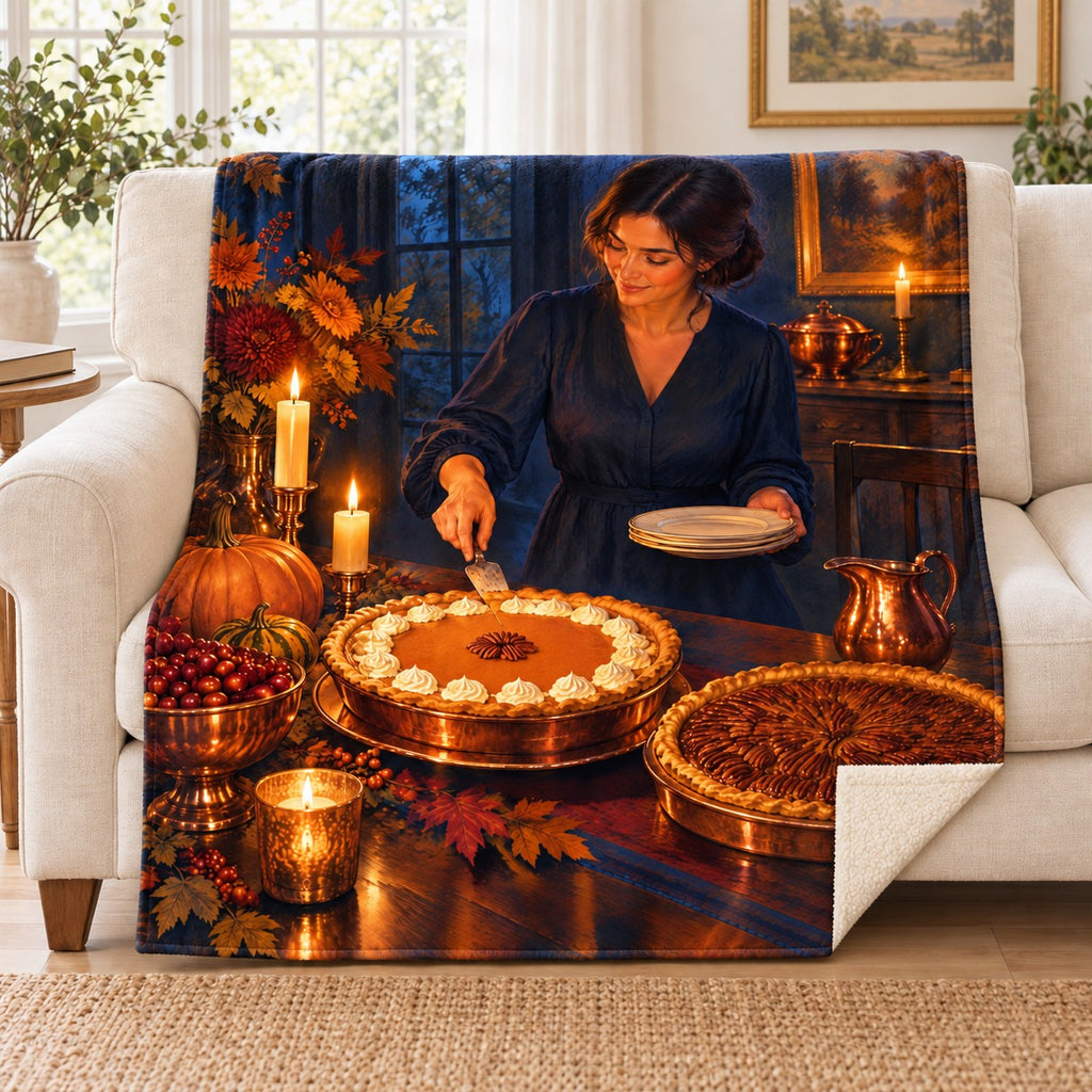 Luminous Pies blanket, on a sofa