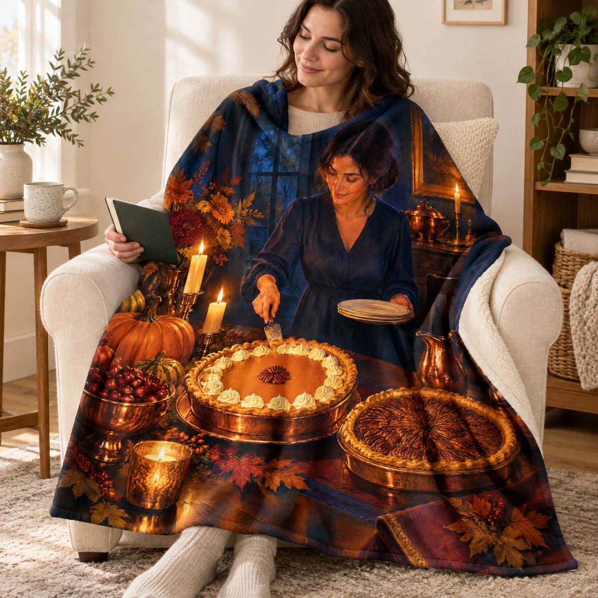 Luminous Pies blanket, wrapped around a reader