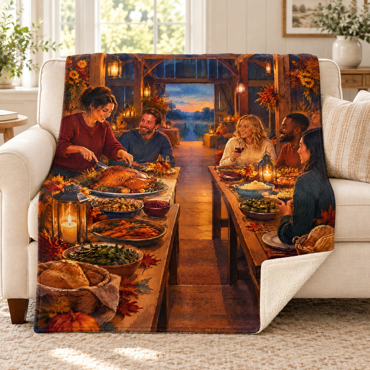 Barn Supper Lanterns blanket, on a sofa