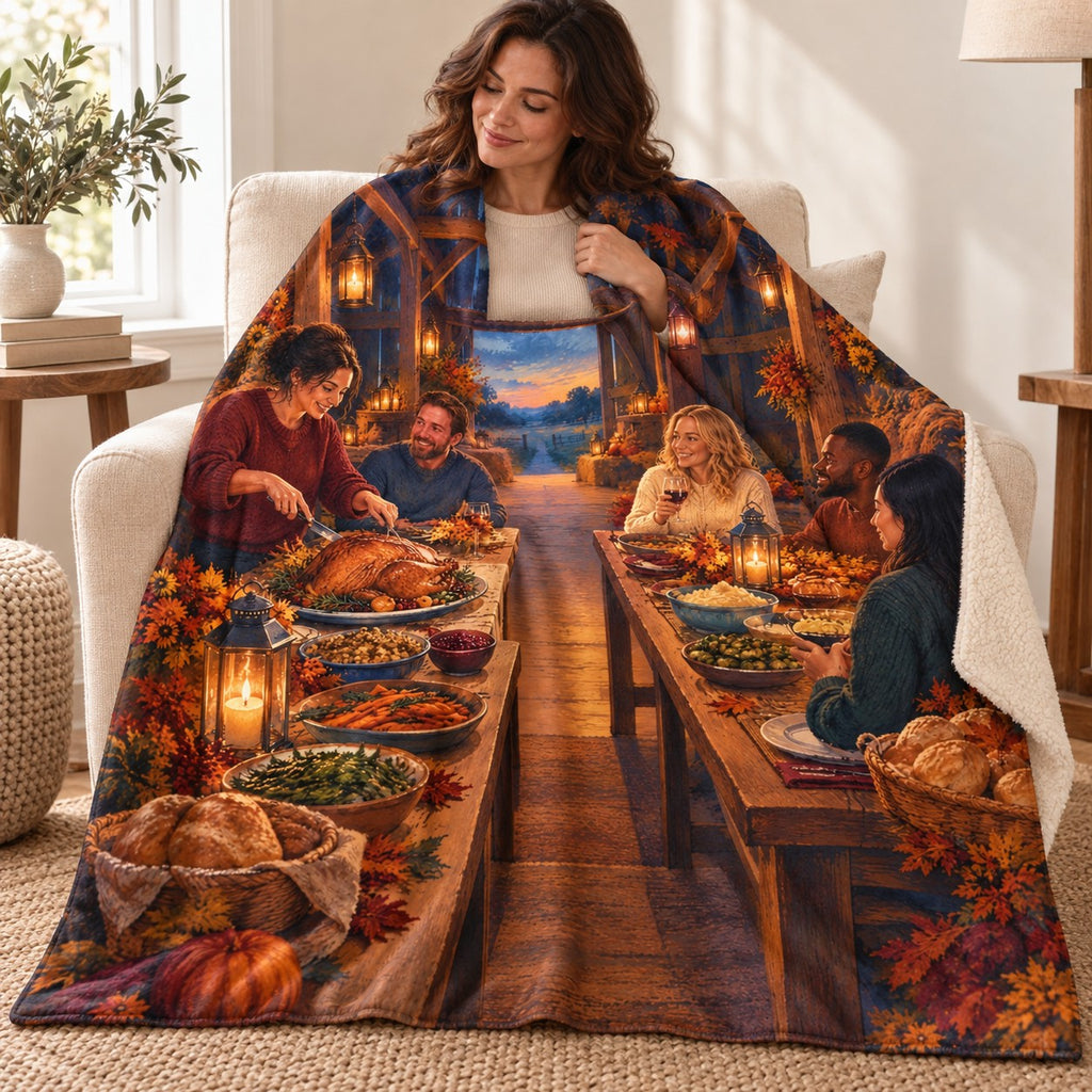 Barn Supper Lanterns blanket, wrapped around a reader
