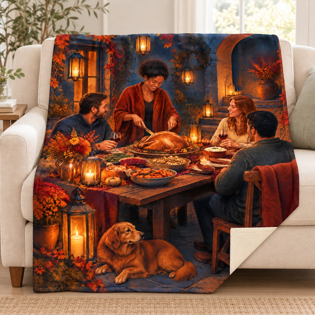 Courtyard Lanterns blanket, on a sofa