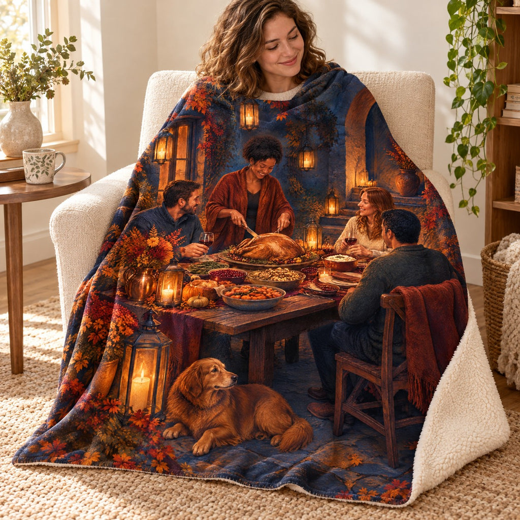 Courtyard Lanterns blanket, wrapped around a reader