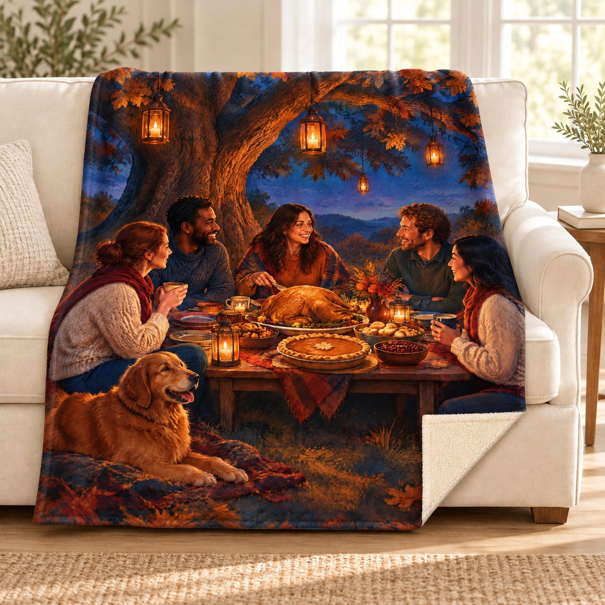 Semicircle Beneath the Oak blanket, on a sofa