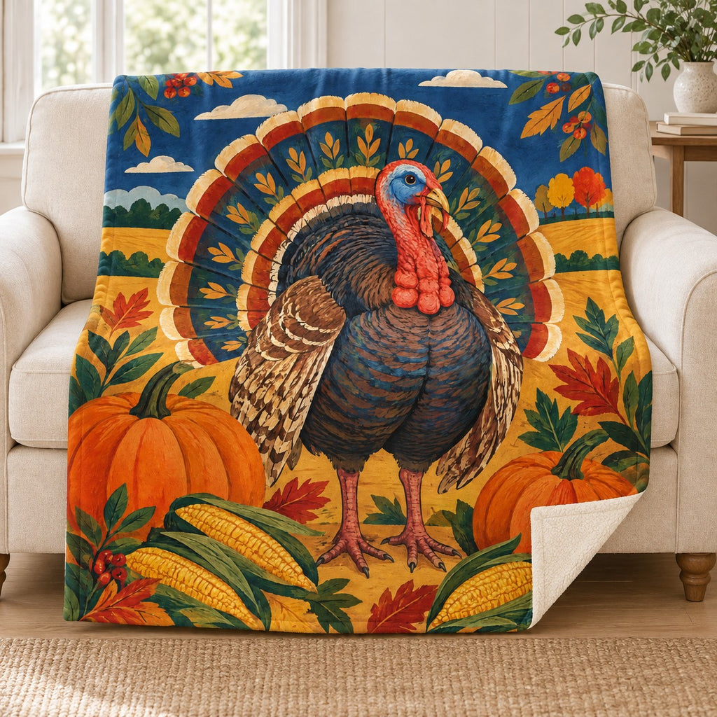 Monumental Folk Turkey blanket, on a sofa