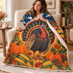 Monumental Folk Turkey blanket, wrapped around a reader