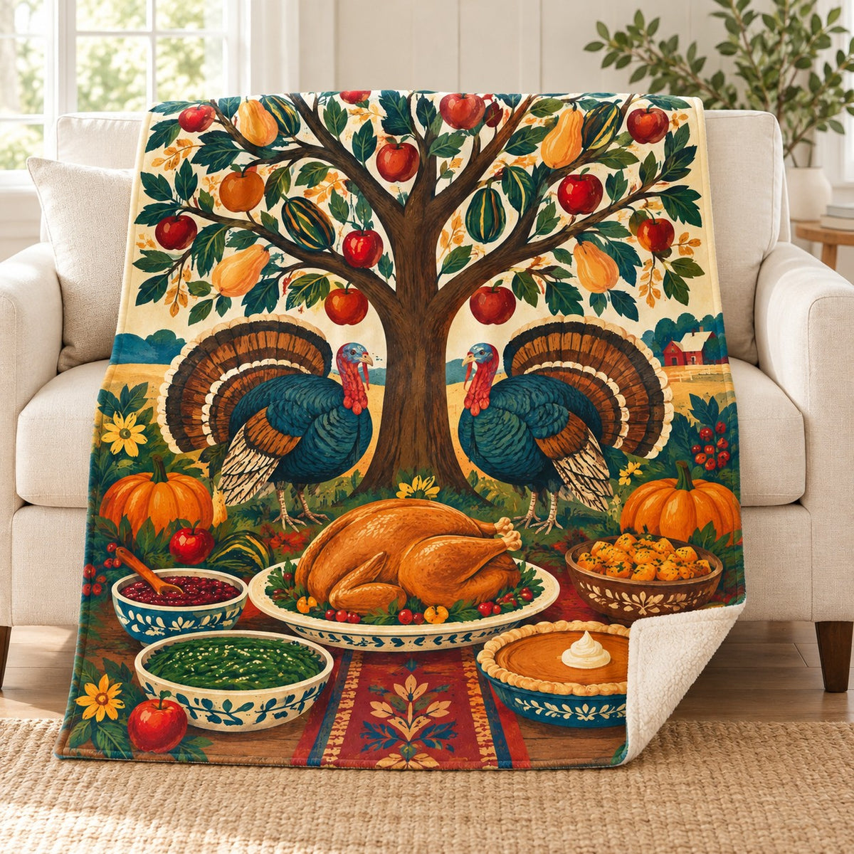 Tree of Plenty blanket, on a sofa