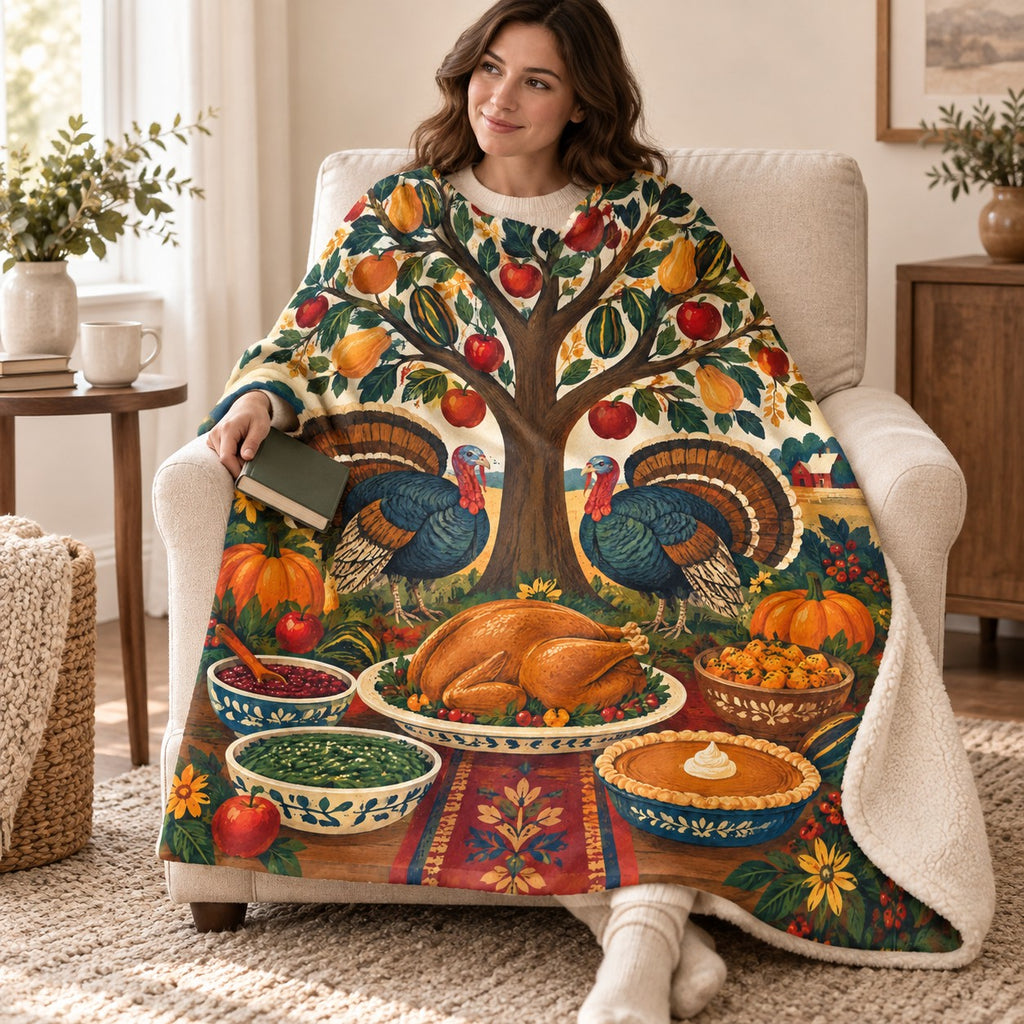Tree of Plenty blanket, wrapped around a reader