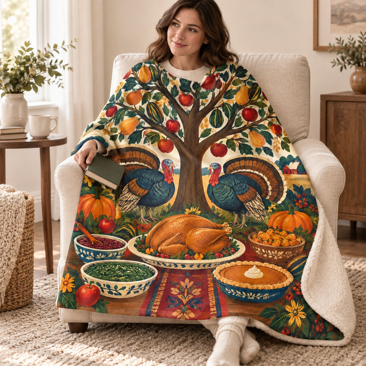 Tree of Plenty blanket, wrapped around a reader