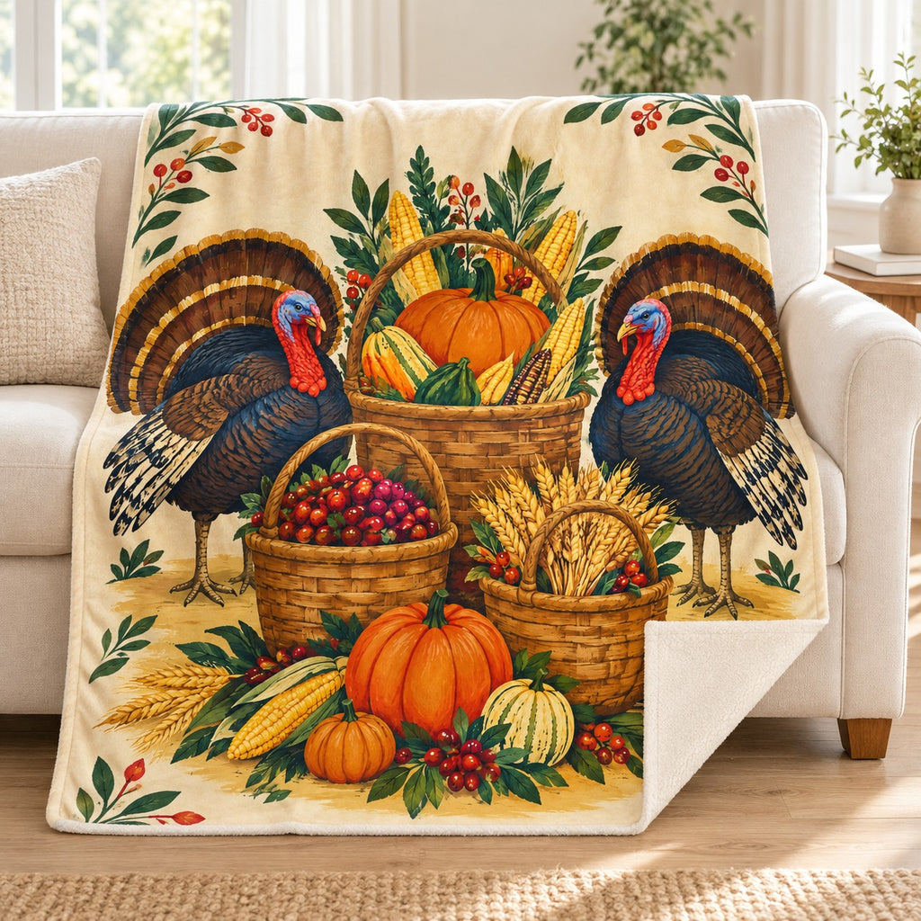 Three Harvest Baskets blanket, on a sofa