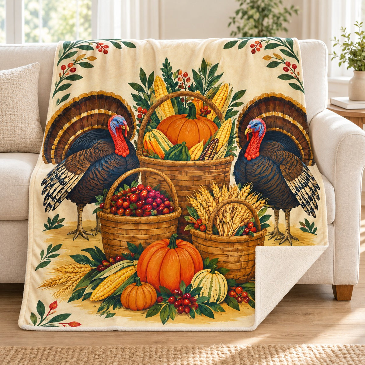 Three Harvest Baskets blanket, on a sofa
