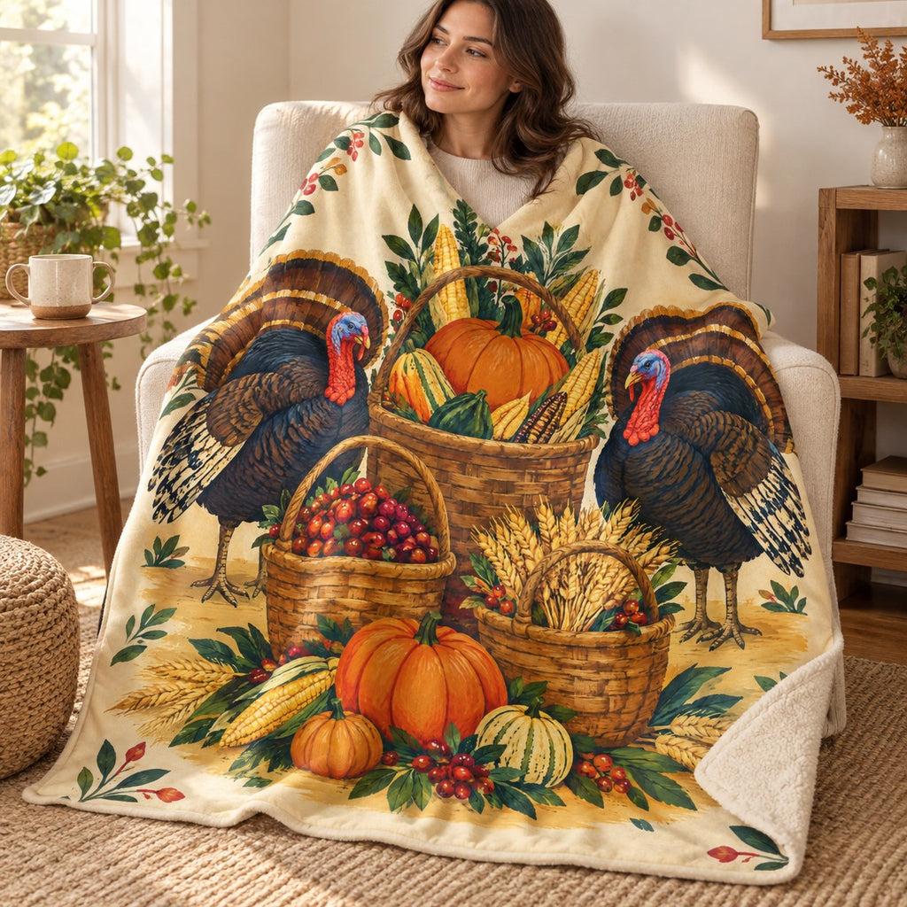 Three Harvest Baskets blanket, wrapped around a reader