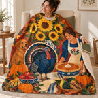 Sunflower Cluster blanket, wrapped around a reader