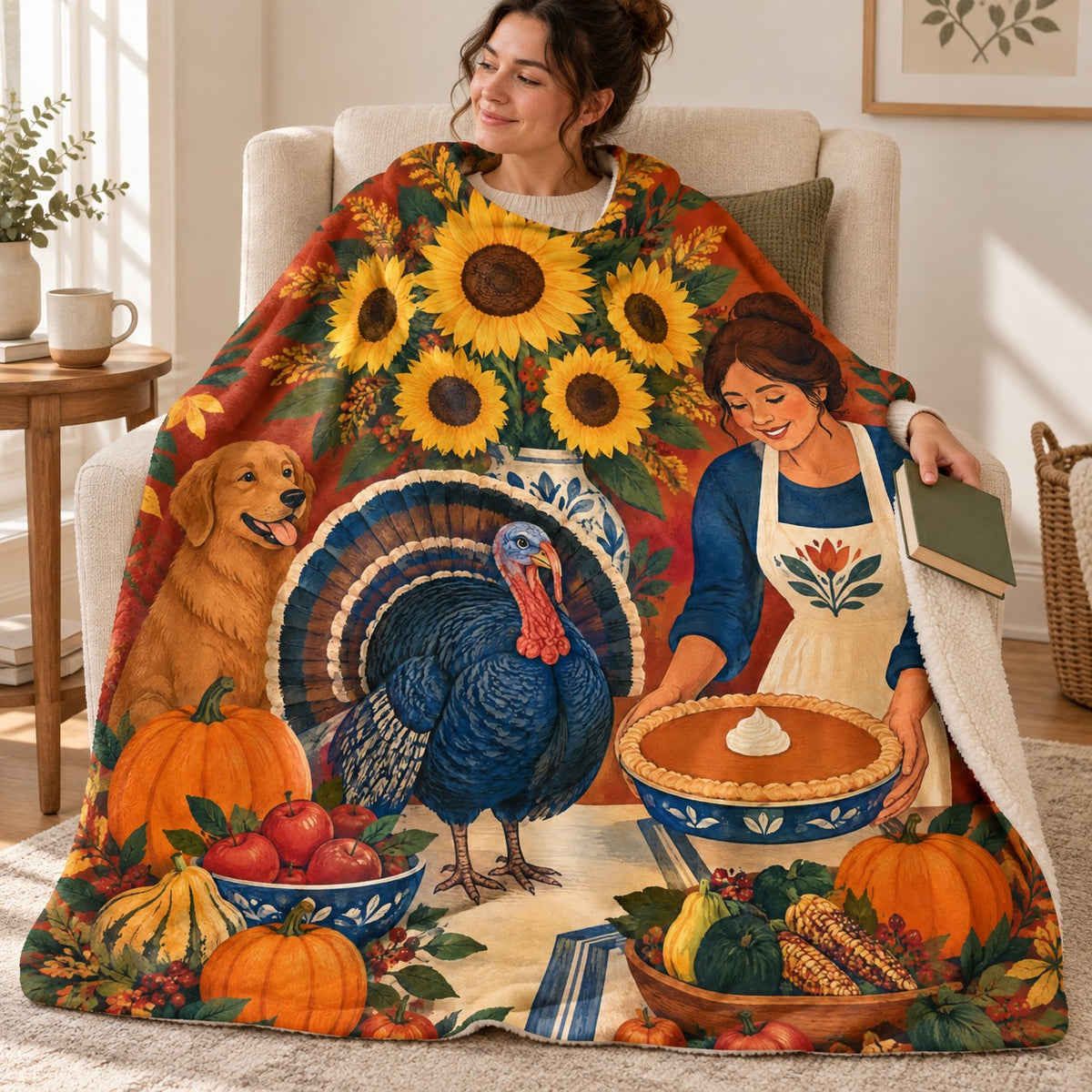 Sunflower Cluster blanket, wrapped around a reader