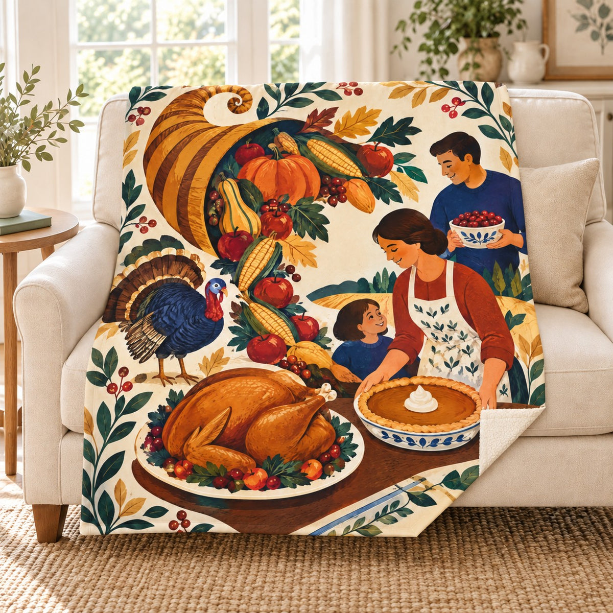 Spiraling Cornucopia blanket, on a sofa