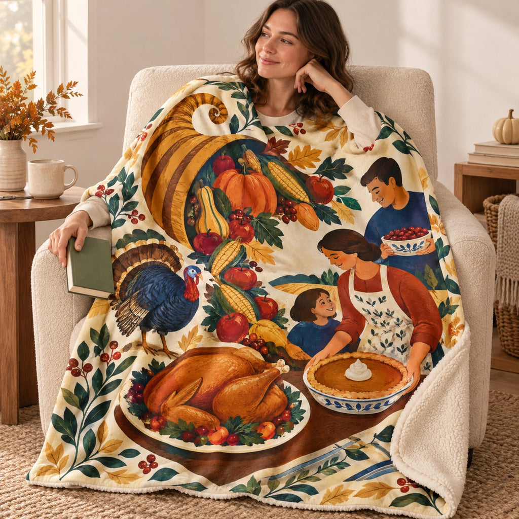 Spiraling Cornucopia blanket, wrapped around a reader