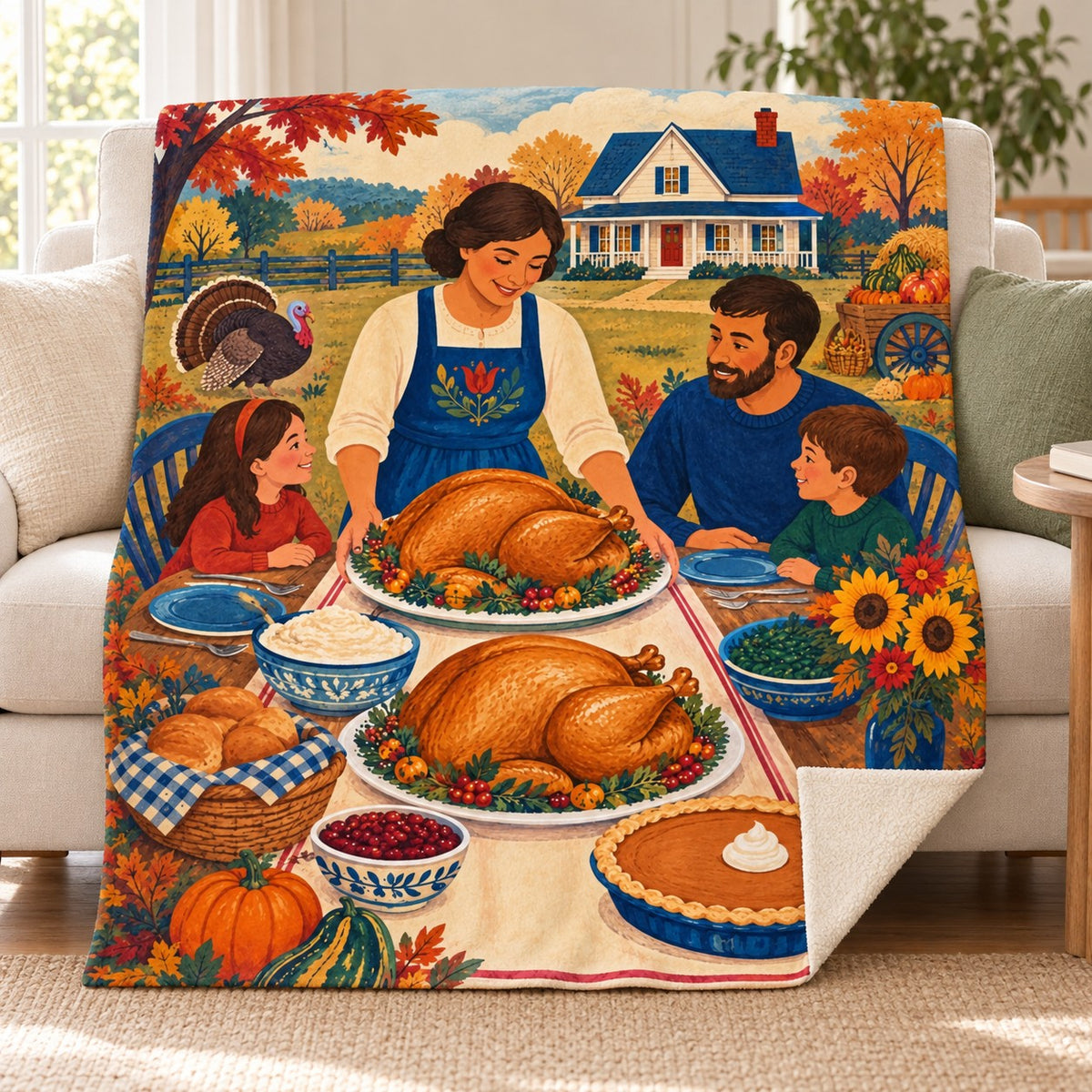 Farmhouse Table blanket, on a sofa