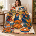 Farmhouse Table blanket, wrapped around a reader