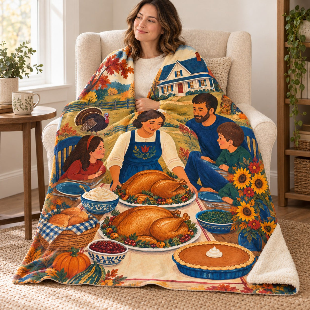 Farmhouse Table blanket, wrapped around a reader