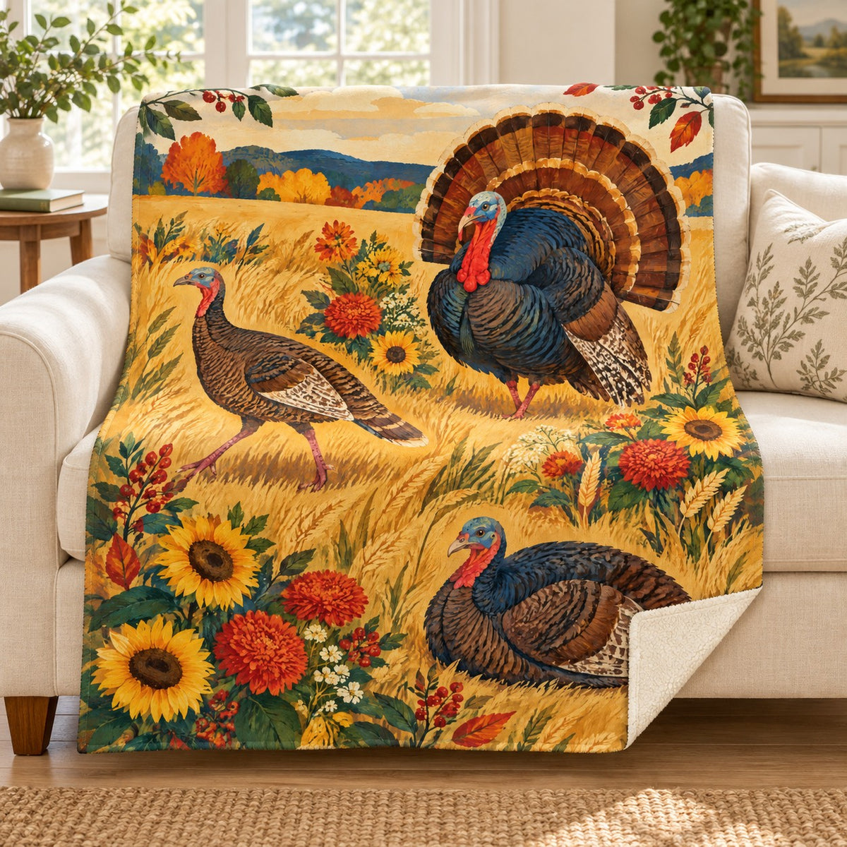 Three Turkeys in the Meadow blanket, on a sofa