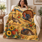 Three Turkeys in the Meadow blanket, wrapped around a reader