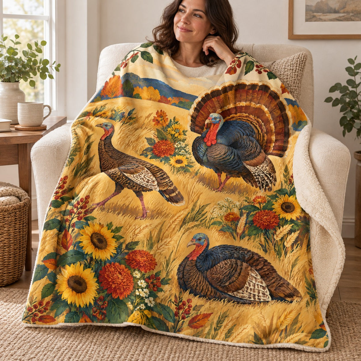 Three Turkeys in the Meadow blanket, wrapped around a reader