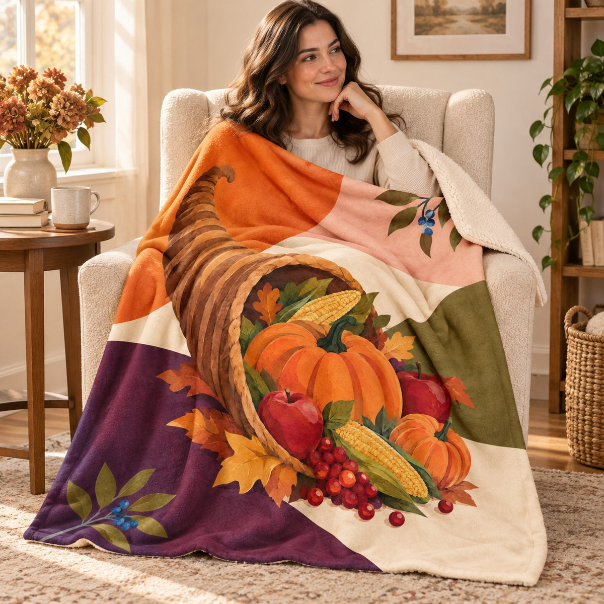 Cornucopia Color Blocks blanket, wrapped around a reader