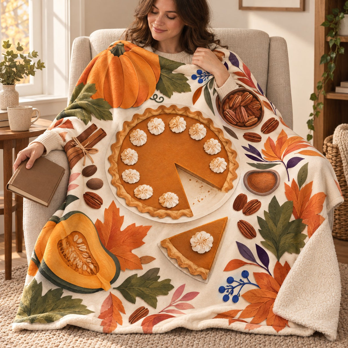 Pumpkin Pie Sunburst blanket, wrapped around a reader