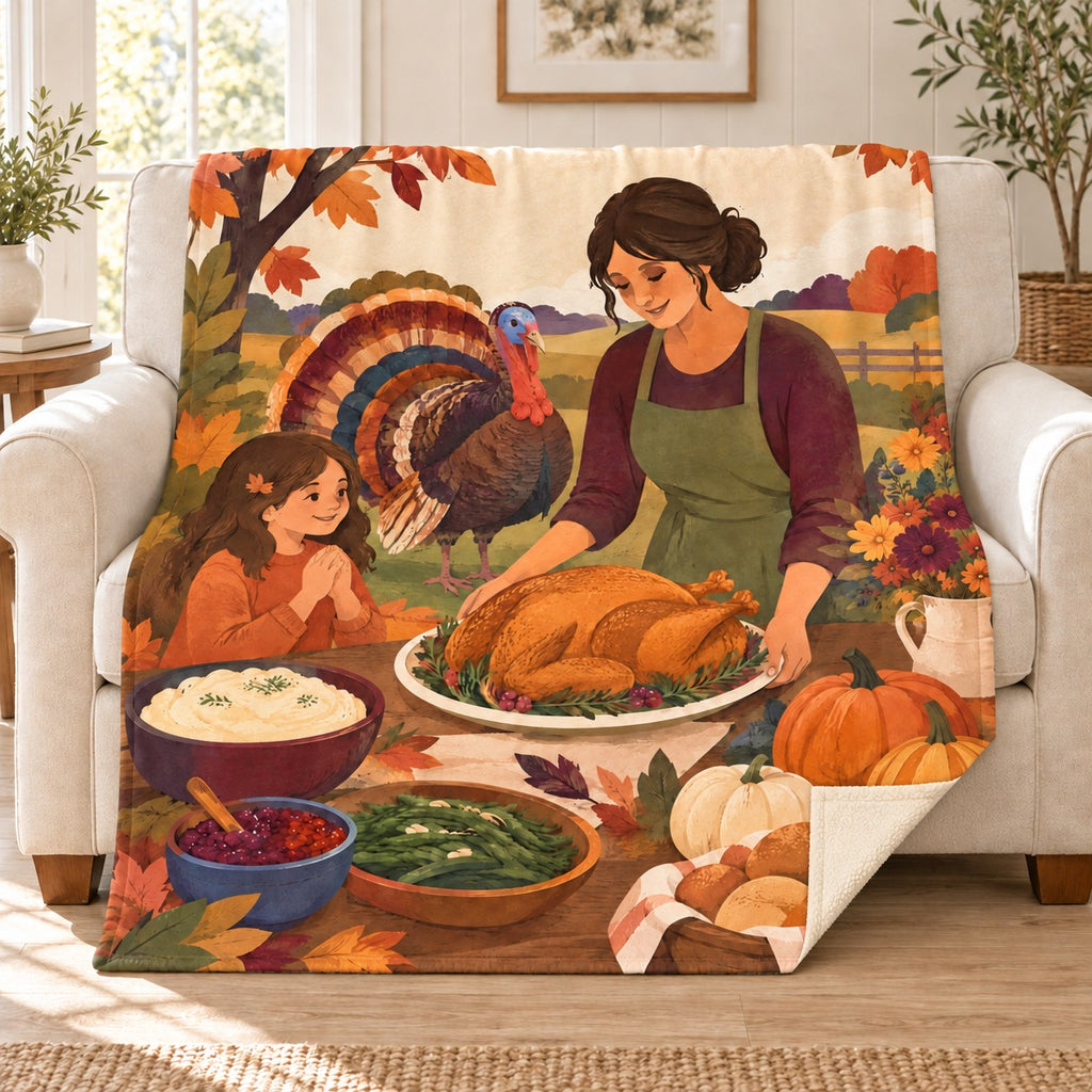 Hands Around the Platter blanket, on a sofa