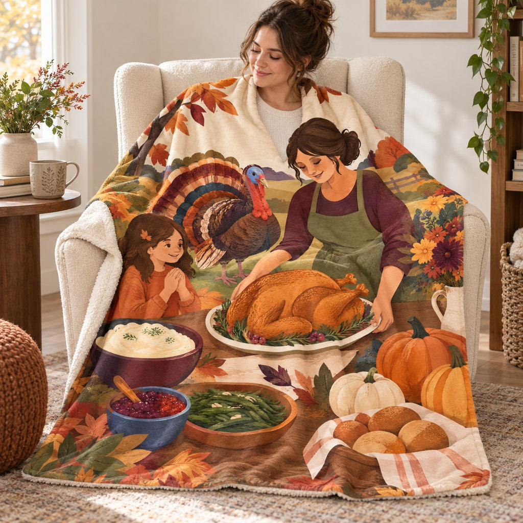 Hands Around the Platter blanket, wrapped around a reader