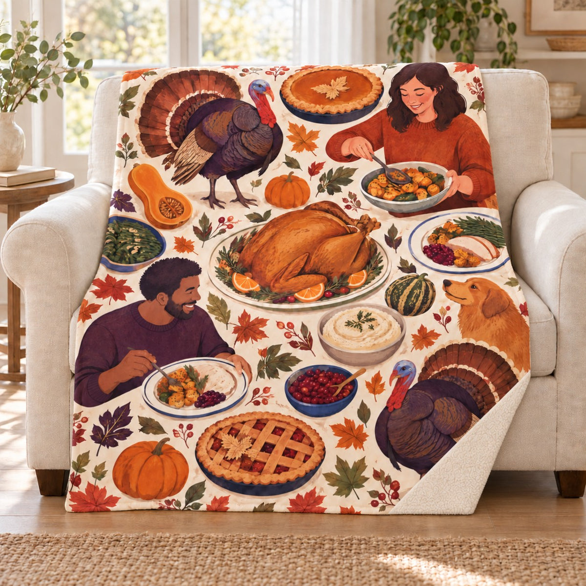 Three-Scale Collage blanket, on a sofa