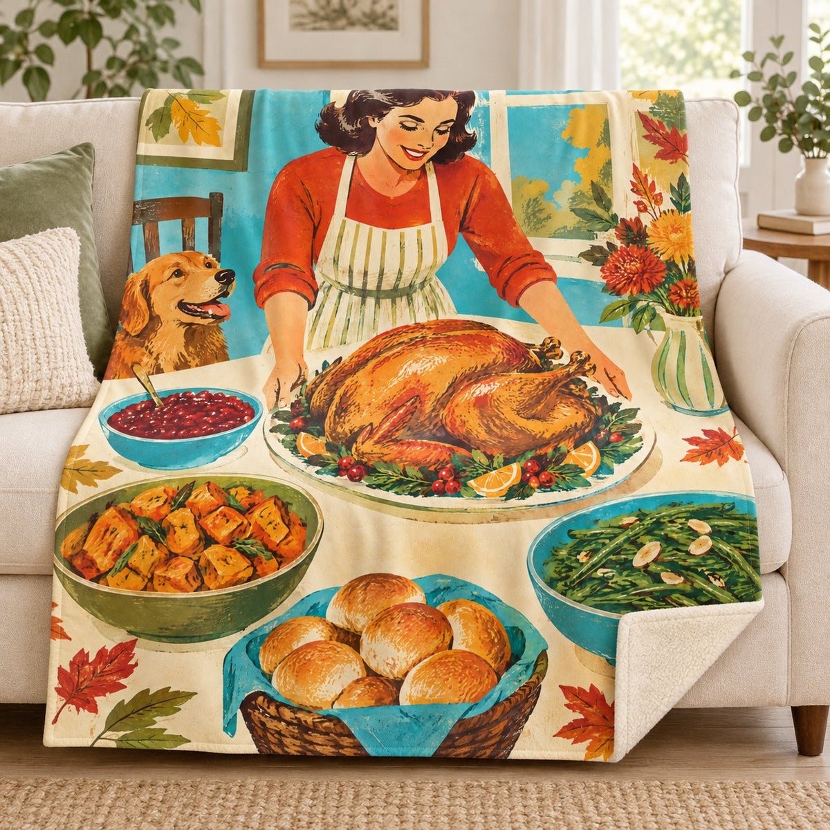 Orbiting Side Dishes blanket, on a sofa