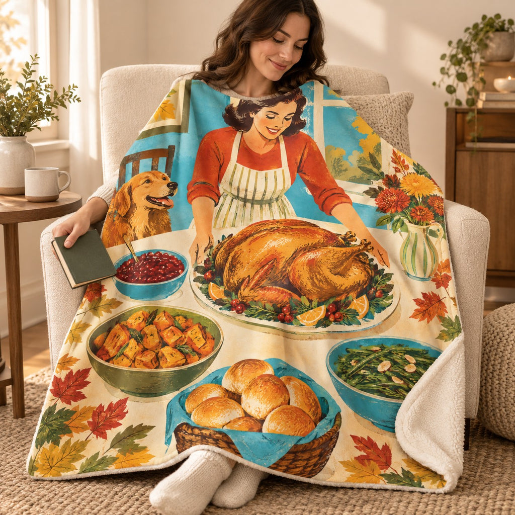 Orbiting Side Dishes blanket, wrapped around a reader