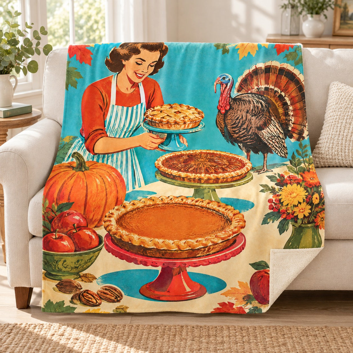 Pies on Three Stands blanket, on a sofa