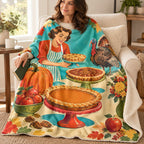 Pies on Three Stands blanket, wrapped around a reader