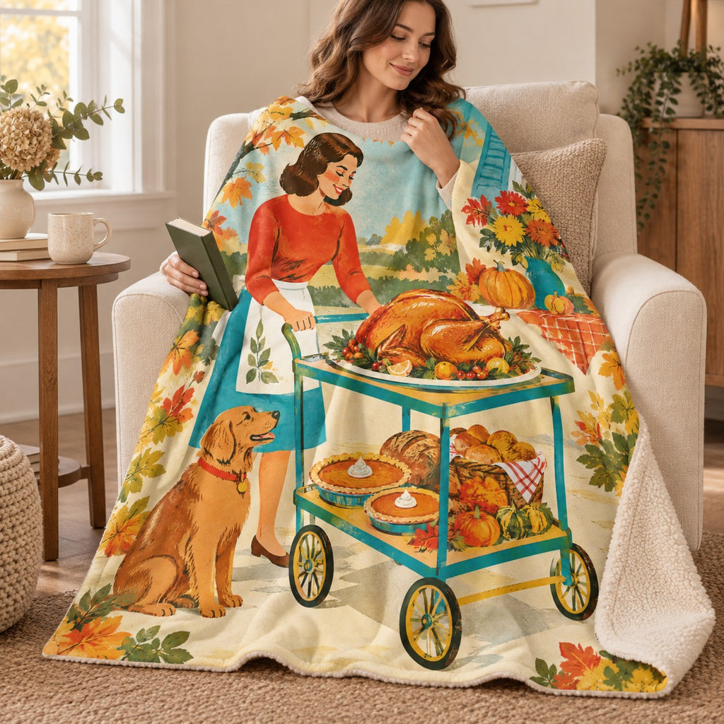 The Serving Cart blanket, wrapped around a reader