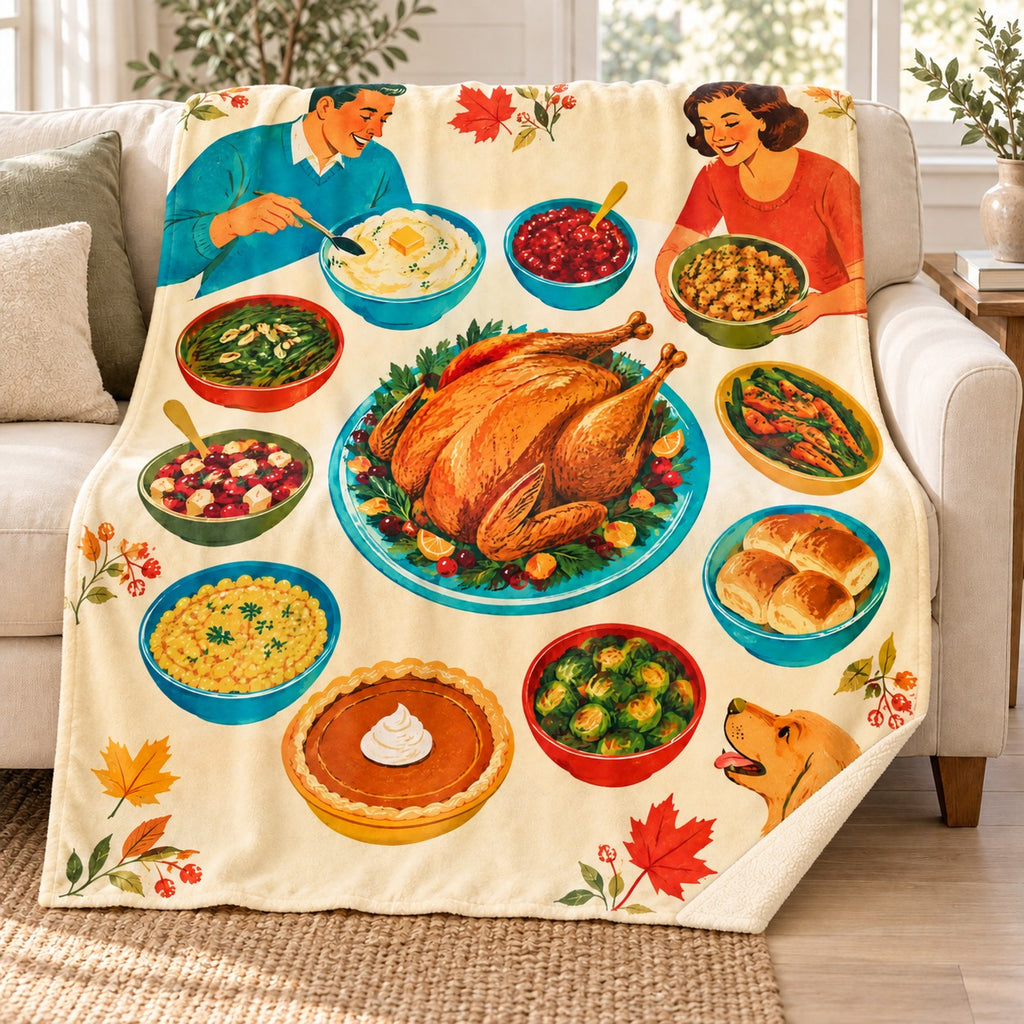 Twelve Small Dishes blanket, on a sofa