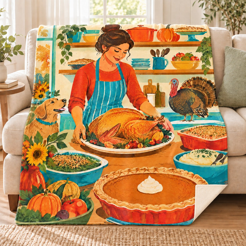 Kitchen Shelves blanket, on a sofa