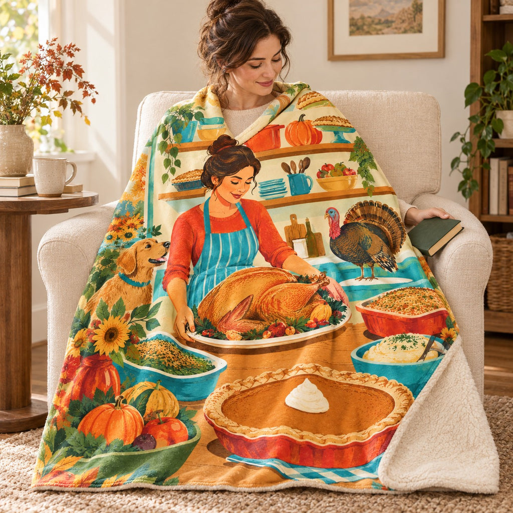 Kitchen Shelves blanket, wrapped around a reader