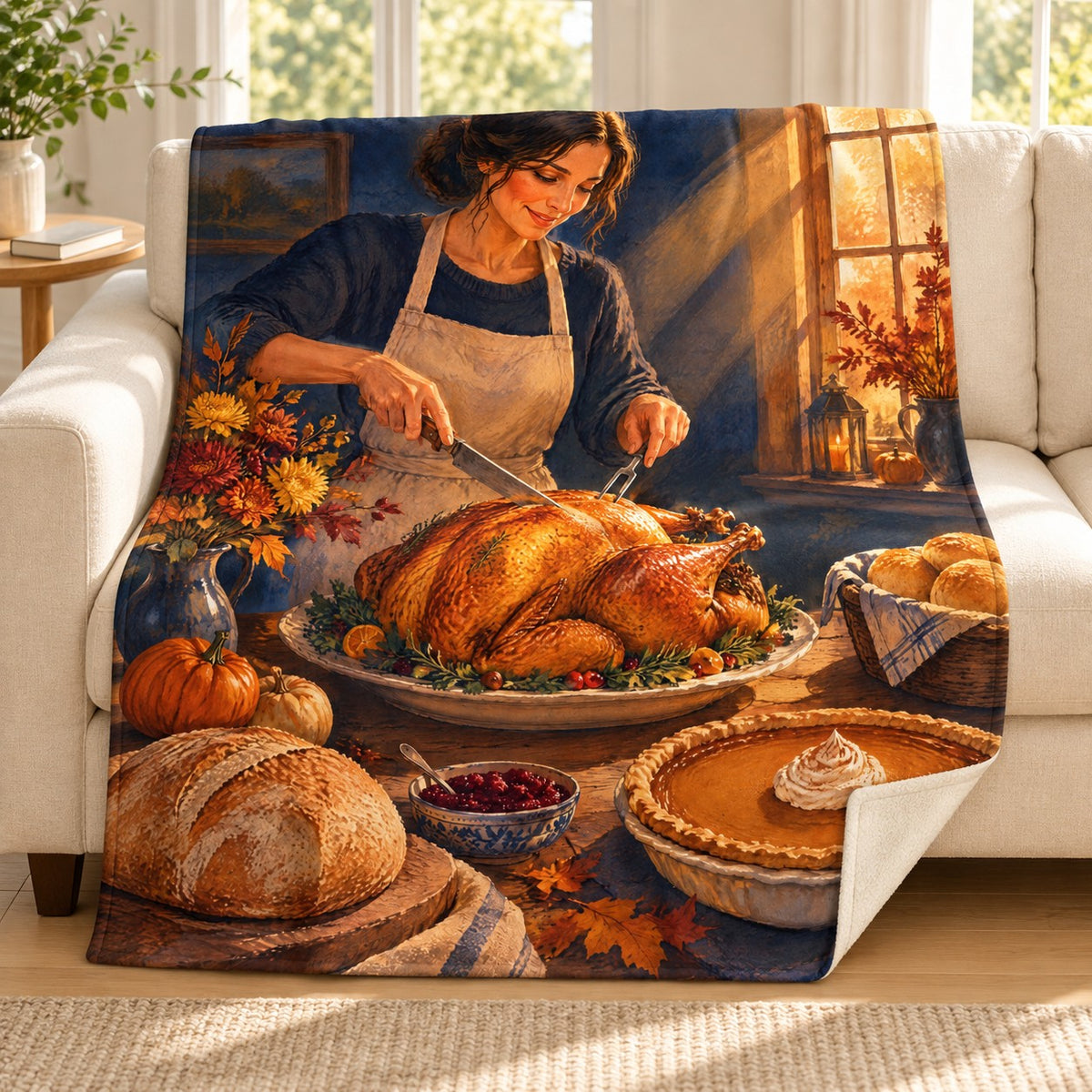 Turkey in Windowlight blanket, on a sofa