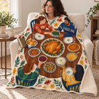 Flattened Feast Table blanket, wrapped around a reader